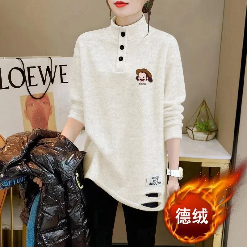 秋冬季小清新印花款长袖t恤中长款显瘦上衣半高领德绒保暧打底衫