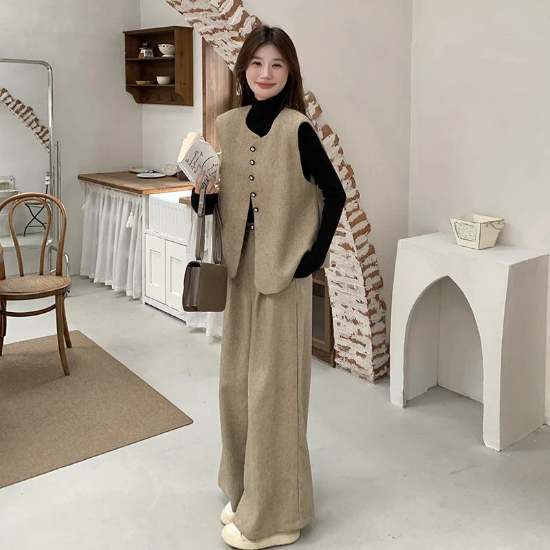小香风套装女2025春装新款气质韩版高级感卡其色马甲阔腿裤两件套