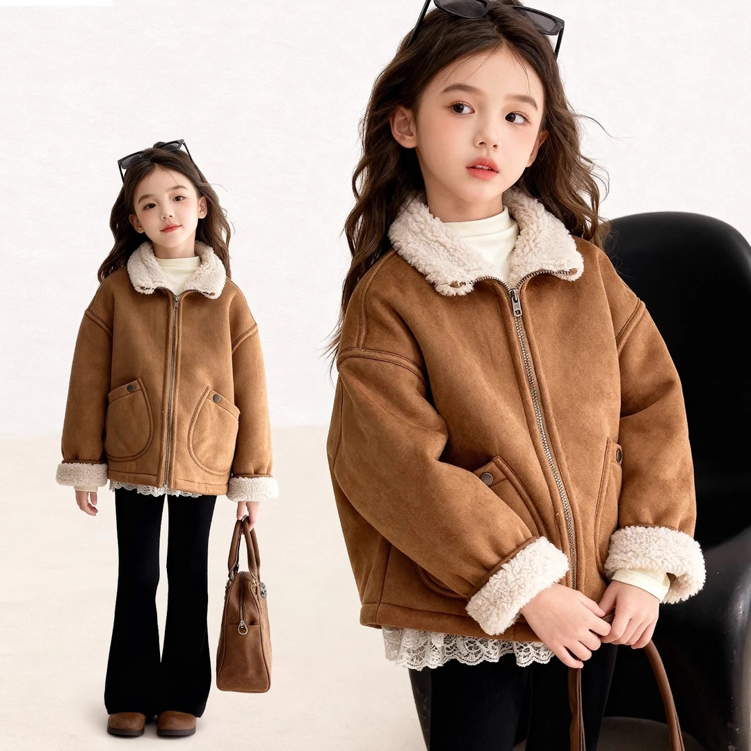 女童加绒外套秋冬季2025新款洋气儿童冬装羊羔毛加厚皮毛一体上衣