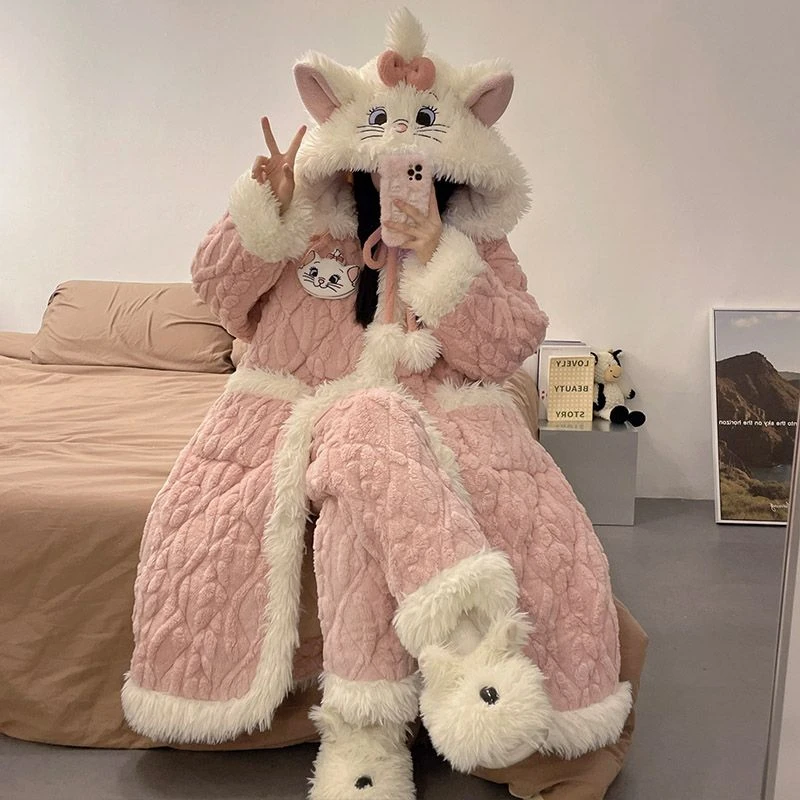 三层夹棉加厚睡衣女款秋冬季湖南省省服可爱连帽小猫咪睡袍家居服