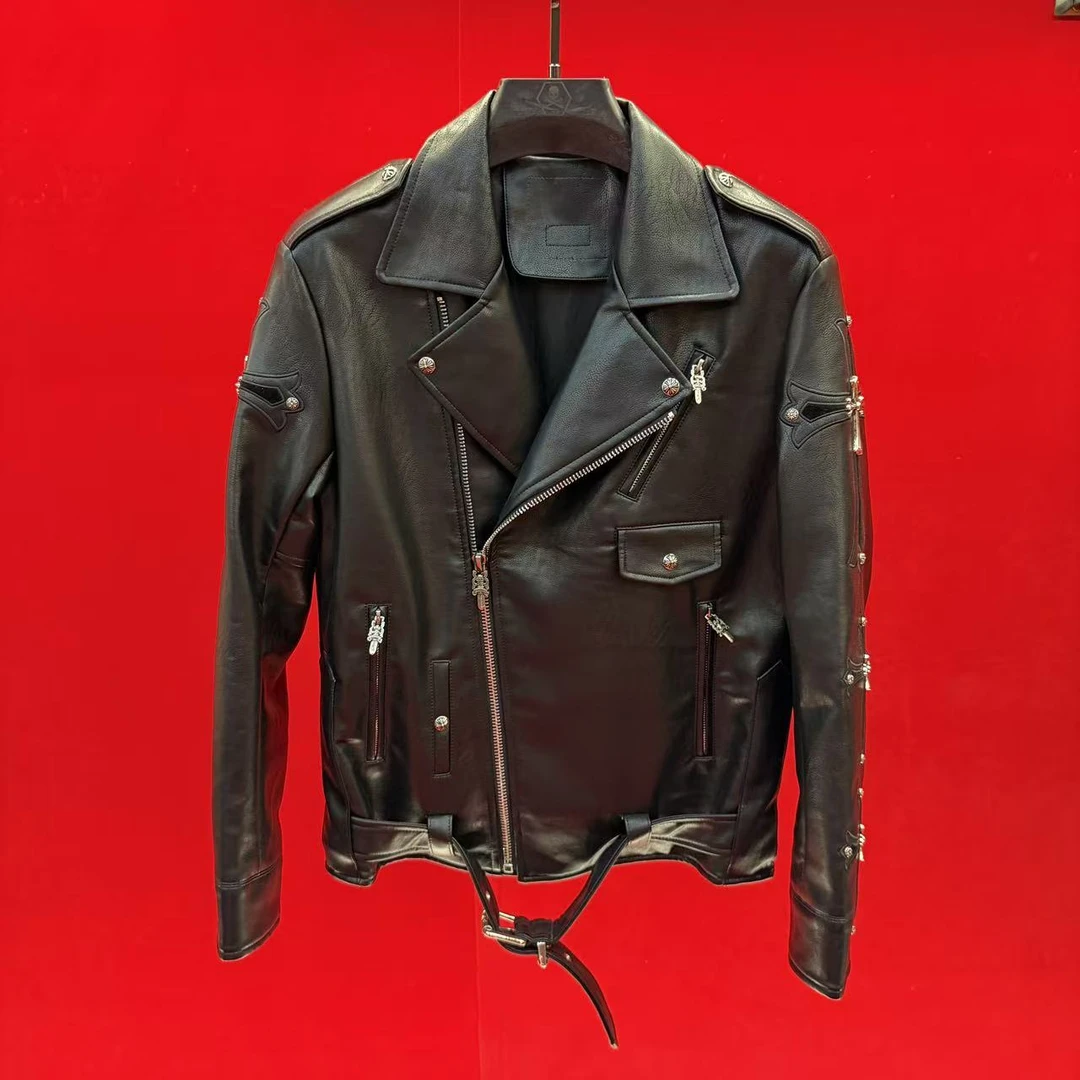 FLD定制25秋季新款时尚休闲潮流修身黑色高级翻领男士十字架皮衣