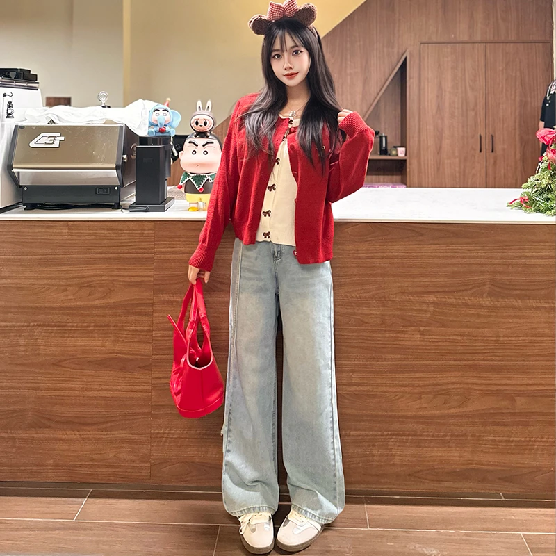 美式冰川蓝复古阔腿牛仔裤女2025春季新款宽松显瘦垂感直筒拖地裤