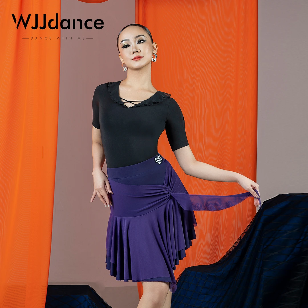 WJJdance拉丁舞半身裙女成人2025新款网纱抽褶飘带荷叶边国标短裙