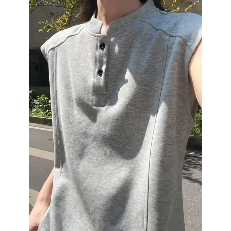 浅灰色cleanfit亨利领背心男款夏季立领无袖t恤潮牌痞帅重磅坎肩