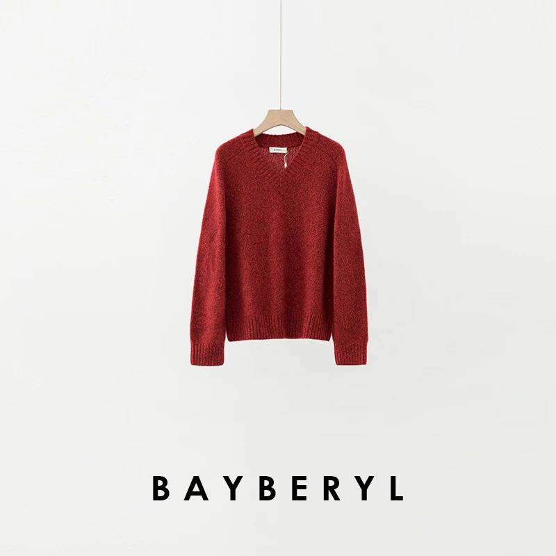BAYBERYL老贝莓酥*花纱V领马鞍丝羊绒25秋针织衫ZZS5I2641