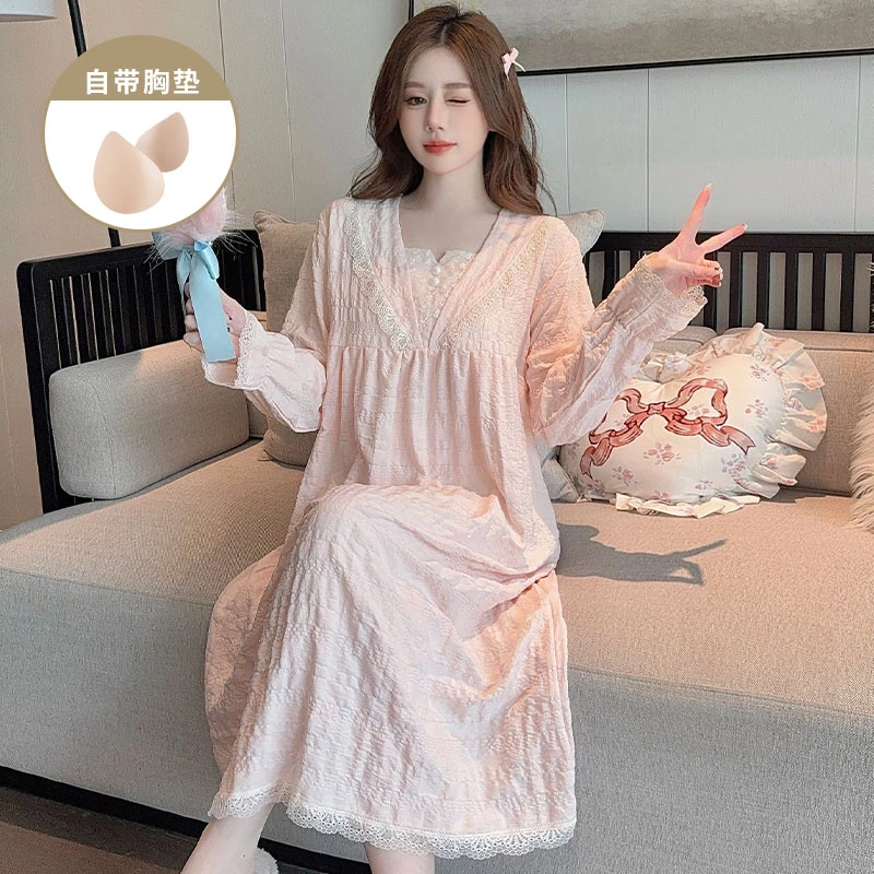 春秋季甜美风带胸垫长袖睡裙女款加肥200斤加大码女士睡衣家居服