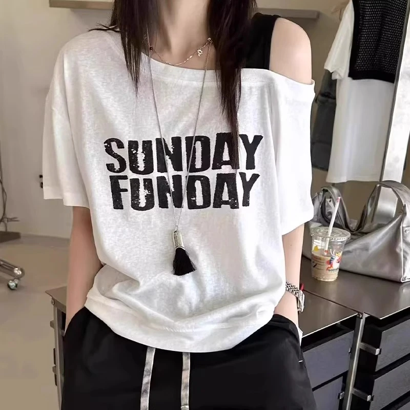 芯娇晴韩系字母印花圆领短袖T恤女2025夏季新款宽松显瘦薄款上衣