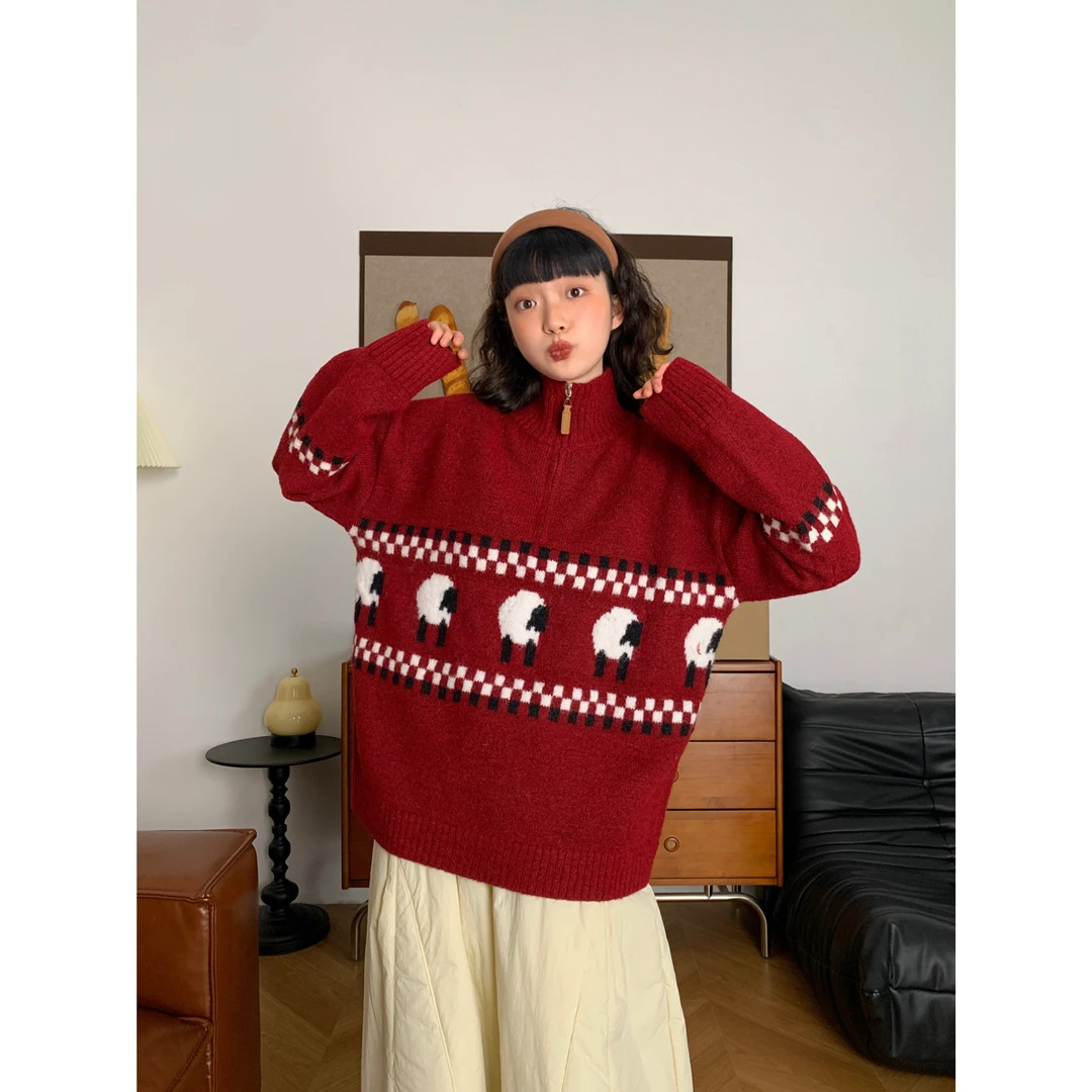 复古绵羊提花立领毛衣外套女韩版秋冬新款宽松百搭显瘦针织衫套头