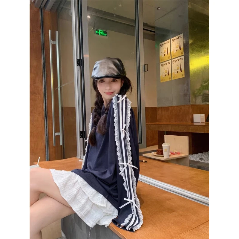 25春季百搭蕾丝花边条纹结长袖T恤女休闲宽松中长款设计感上衣