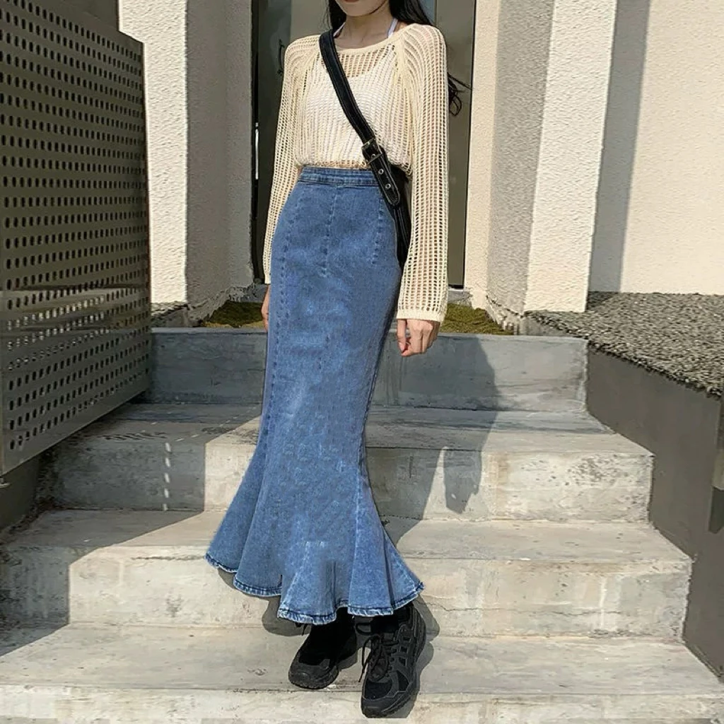 270#弹力牛仔荷叶边半身裙女春秋新款高腰包臀鱼尾裙显瘦中长裙
