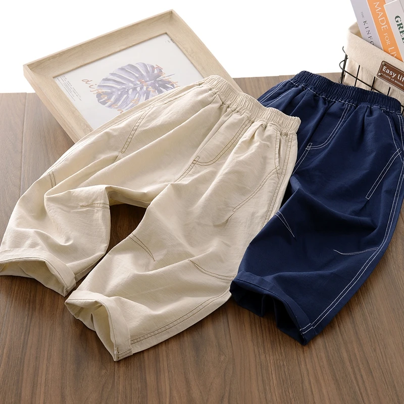 男童夏季新款高腰复古棉麻裤中大童透气舒适亲子休闲九分裤6113