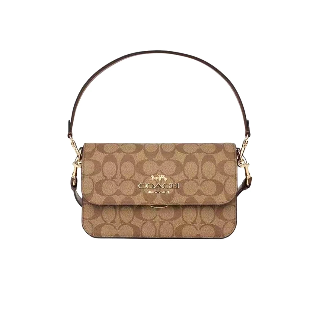 95新 COACH/蔻驰 95新/蔻驰焦糖色老花底扣翻盖包/H7002/23X14X7