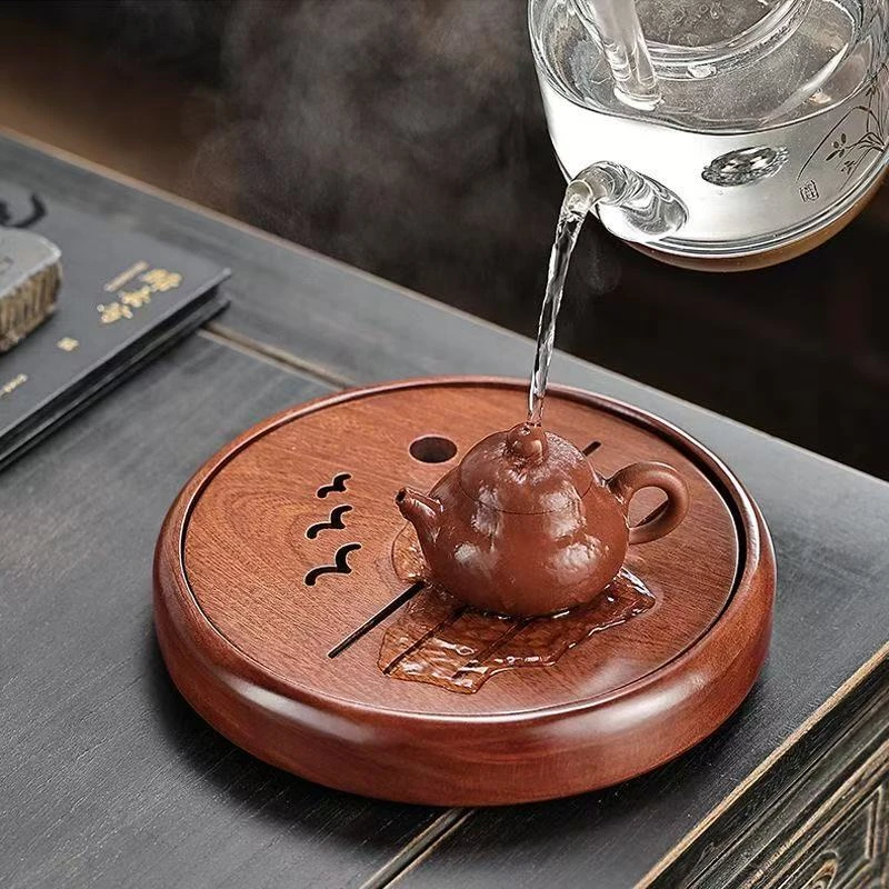 直径24圆形花梨木整版全实木家用旅行办公蓄水茶托盘茶盘沥水小型