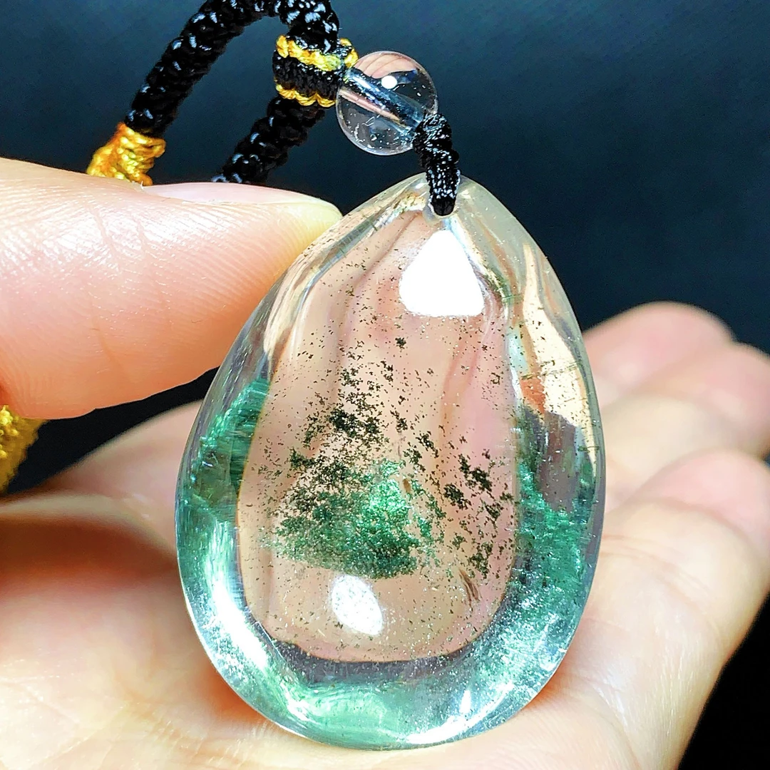 东海水晶天然满天星绿幽灵水晶吊坠毛衣链平安聚宝盆水滴项链男女