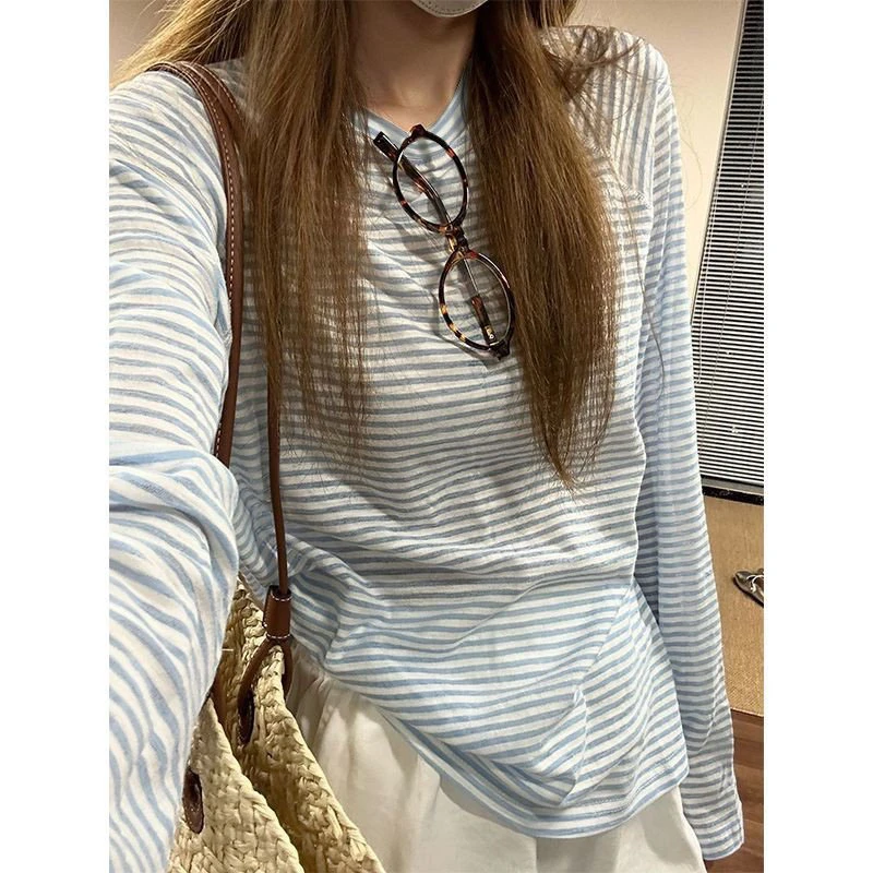 潮牌美式oversize撞色条纹长袖T恤女夏季宽松休闲防晒打底衫上衣