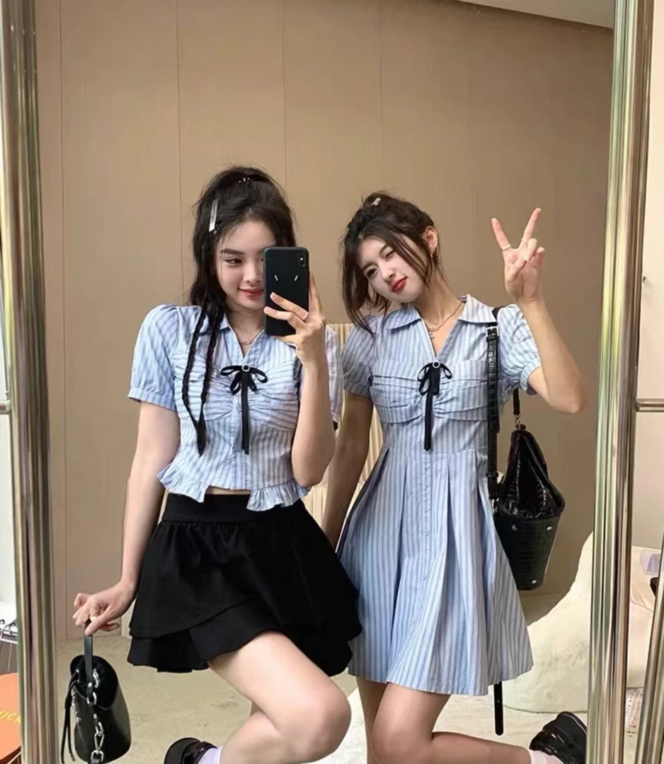 甜美辣妹风条纹蝴蝶结褶皱衬衫女夏季纯欲显瘦上衣