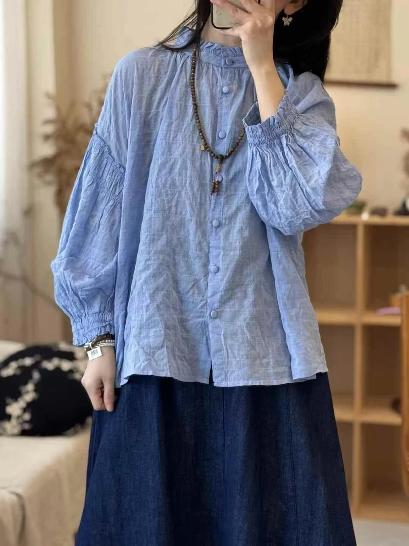 小镇姑娘新款肌理棉麻泡泡袖衬衫