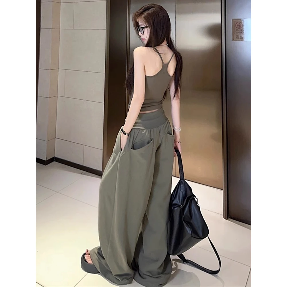 美式高腰腰阔腿休闲裤女夏季宽松垂感拖地裤小众设计感运动裤