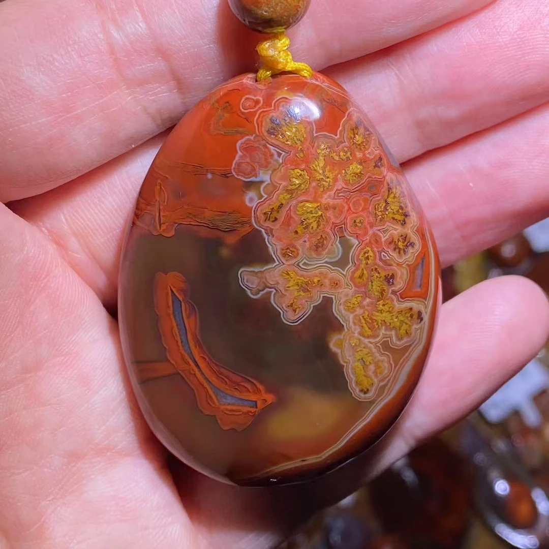 上谷纯天然战国红玛瑙吊坠橙黄椭圆山水玉石挂件g166