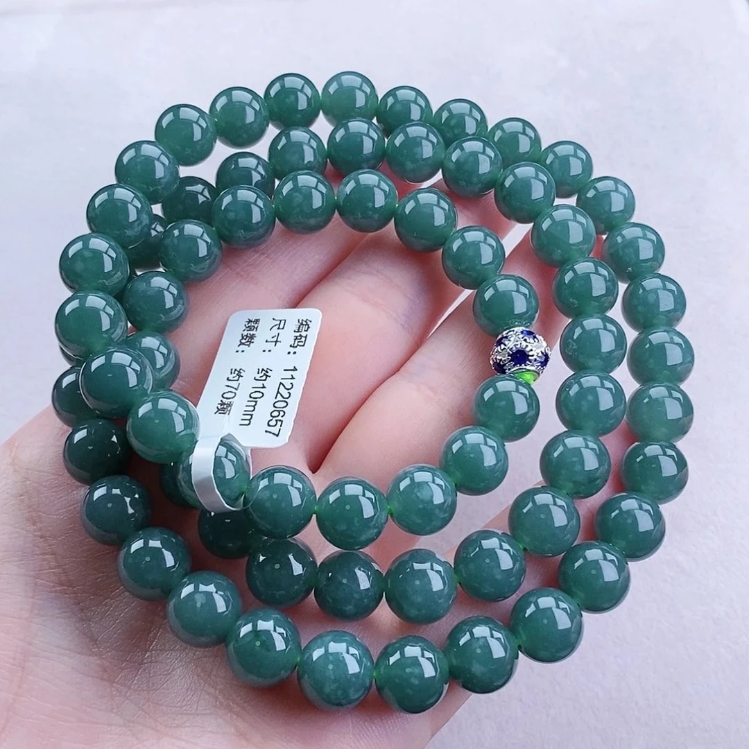 正品A货翡翠项链 卡10 冰满绿圆珠项链 绿色 时尚 长链 气质 百搭
