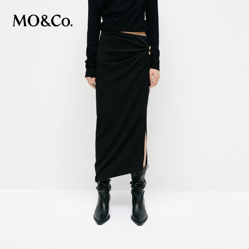 MOCO半裙2025春新品含棉高腰包臀开叉带内衬附装饰扣MBE1SKTT05