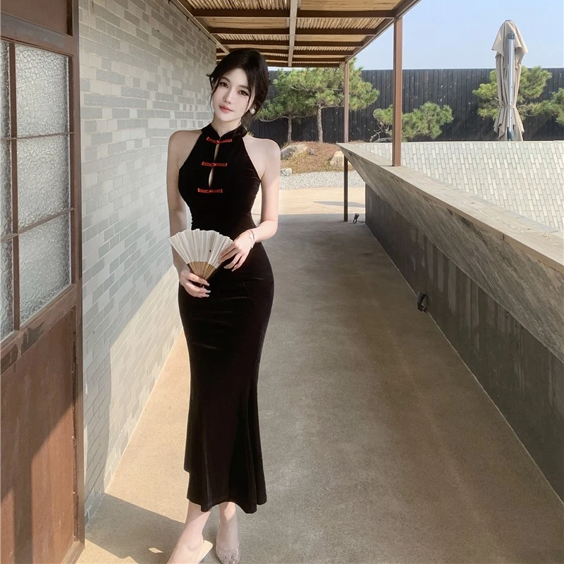 2025新款国风复古连衣裙日常改良旗袍撞色盘扣修身显瘦鱼尾长裙女