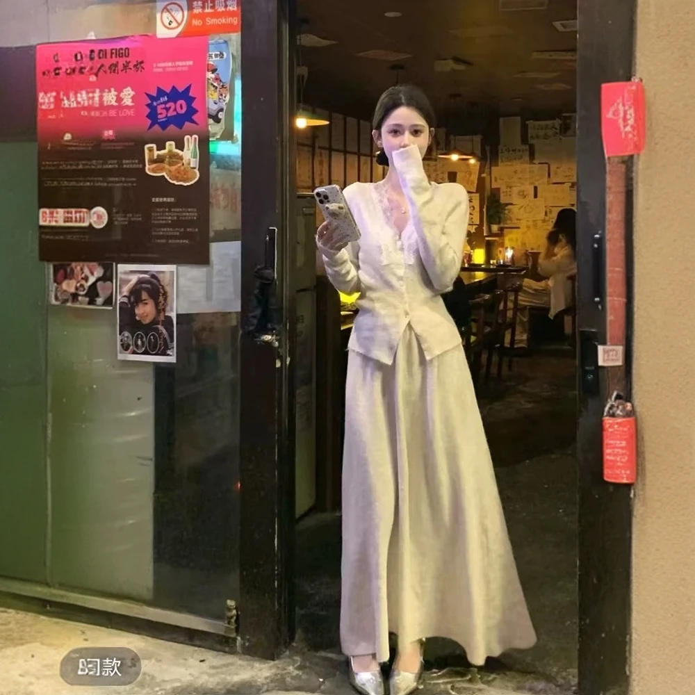 深秋搭配初冬穿搭一整套秋冬季女装蕾丝开衫上衣半身裙两件套