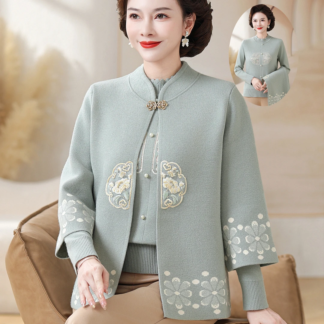 2025妈妈秋装中年国风毛衣外套洋气中老年女秋冬针织开衫两件套装