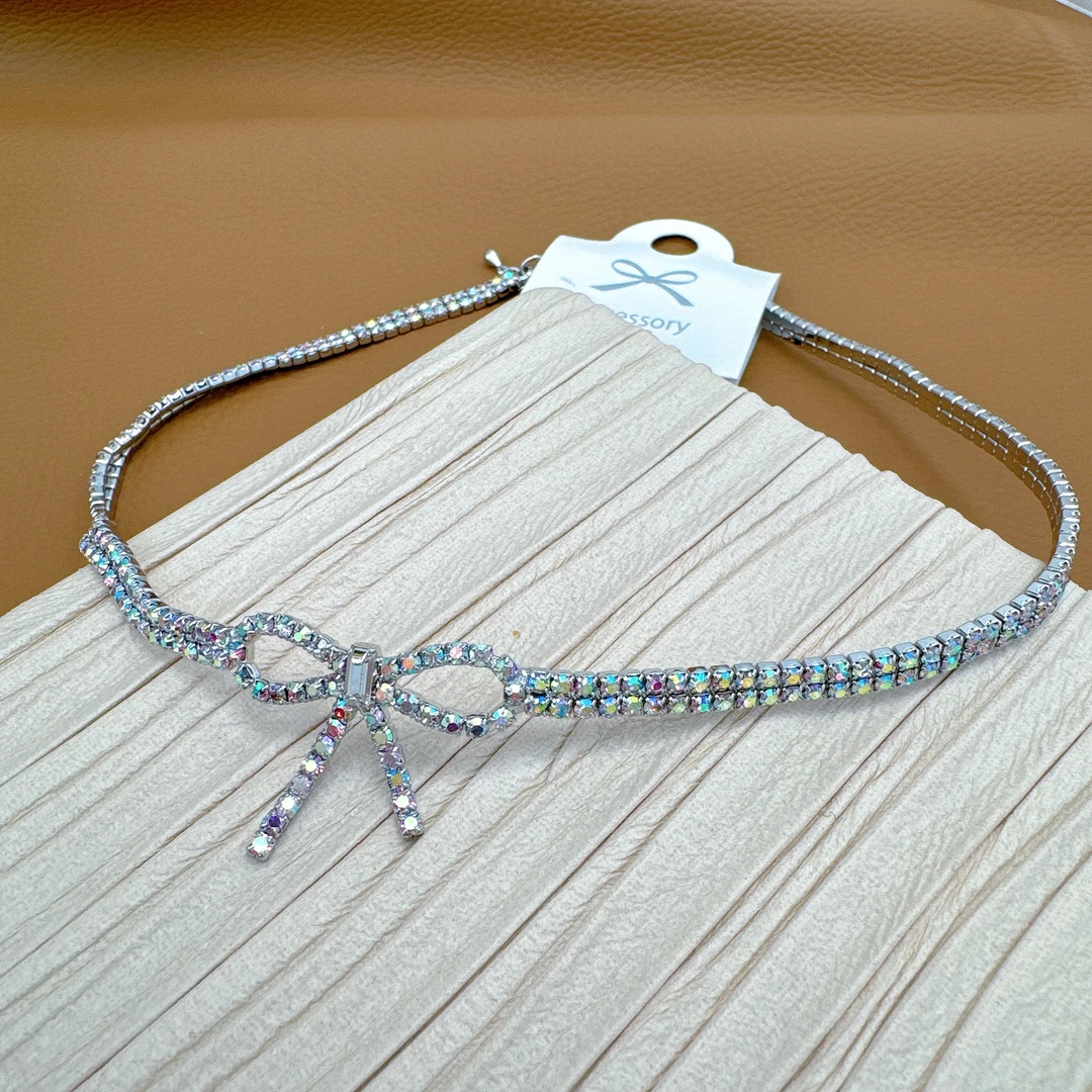 铜合金合成锆石项链 闪钻蝴蝶结chocker项链气质链轻奢时尚百搭