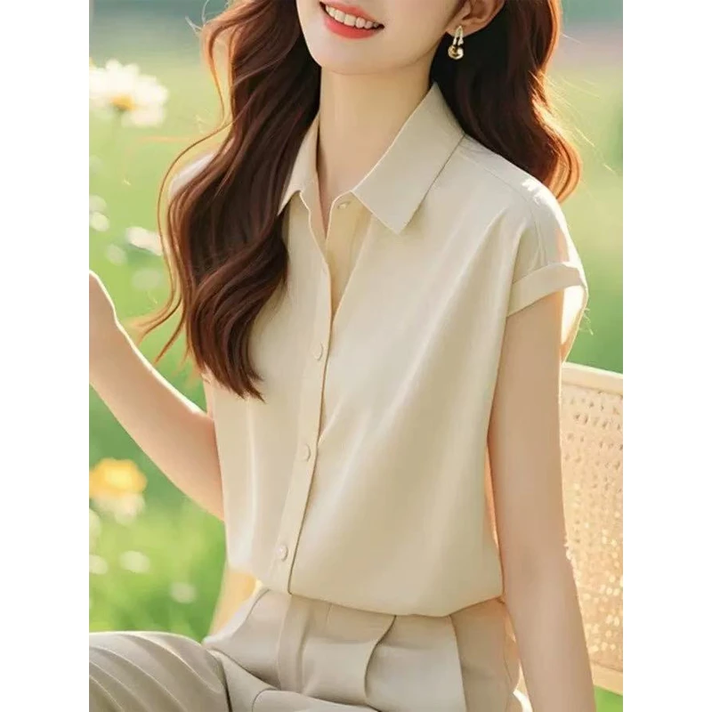 法式洋气衬衫女士纯色通勤衬衫女装夏季时尚短袖宽松衬衣小众