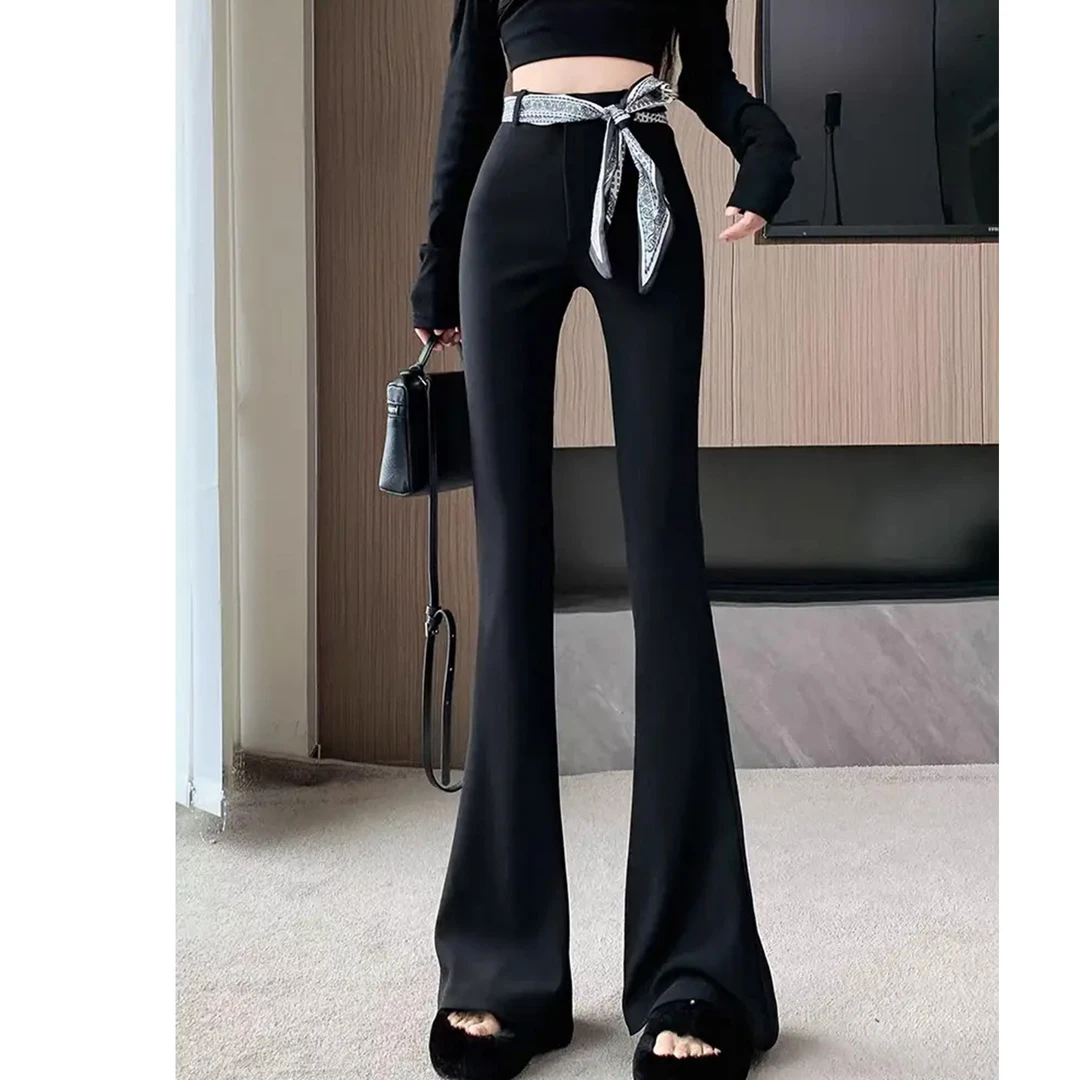 轻奢丝巾马蹄西装裤女2025秋季绑带高腰微喇裤修身垂感拖地长裤