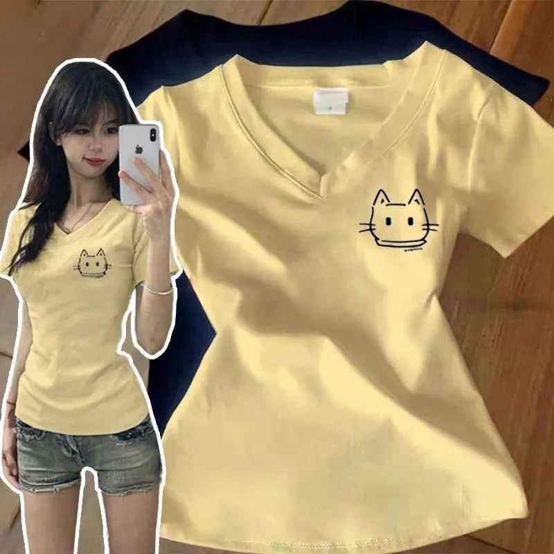 【UBKA】复古辣妹正肩短袖T恤女夏季新款修身显瘦学院风简约V领上衣