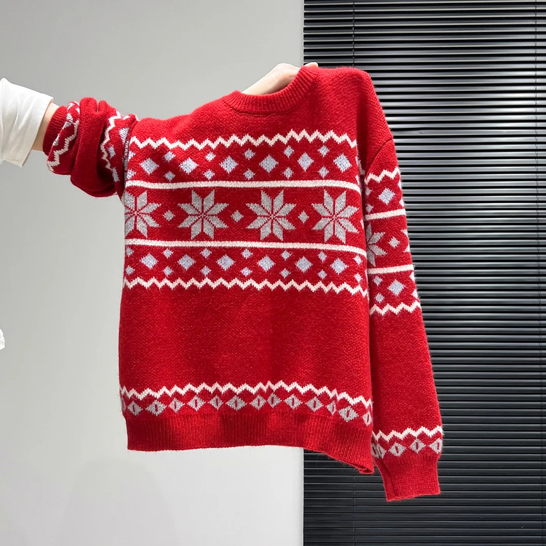 小婉薇红色新年氛围雪花提花加厚毛衣女2026秋冬费尔岛针织衫上衣