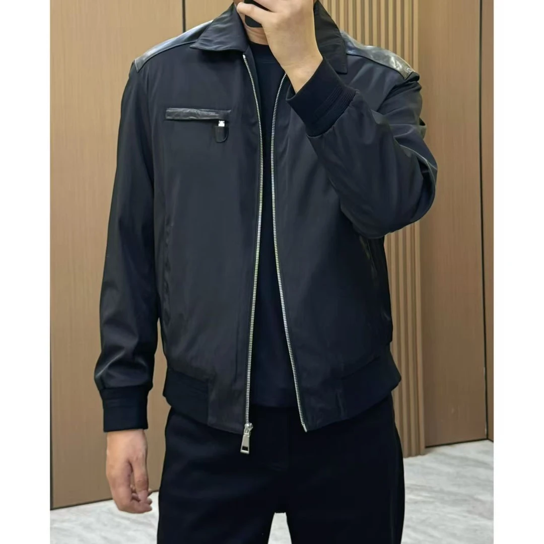 男士新款白鸭绒拼皮翻领羽绒服21108F899黑色净版商务休闲百搭