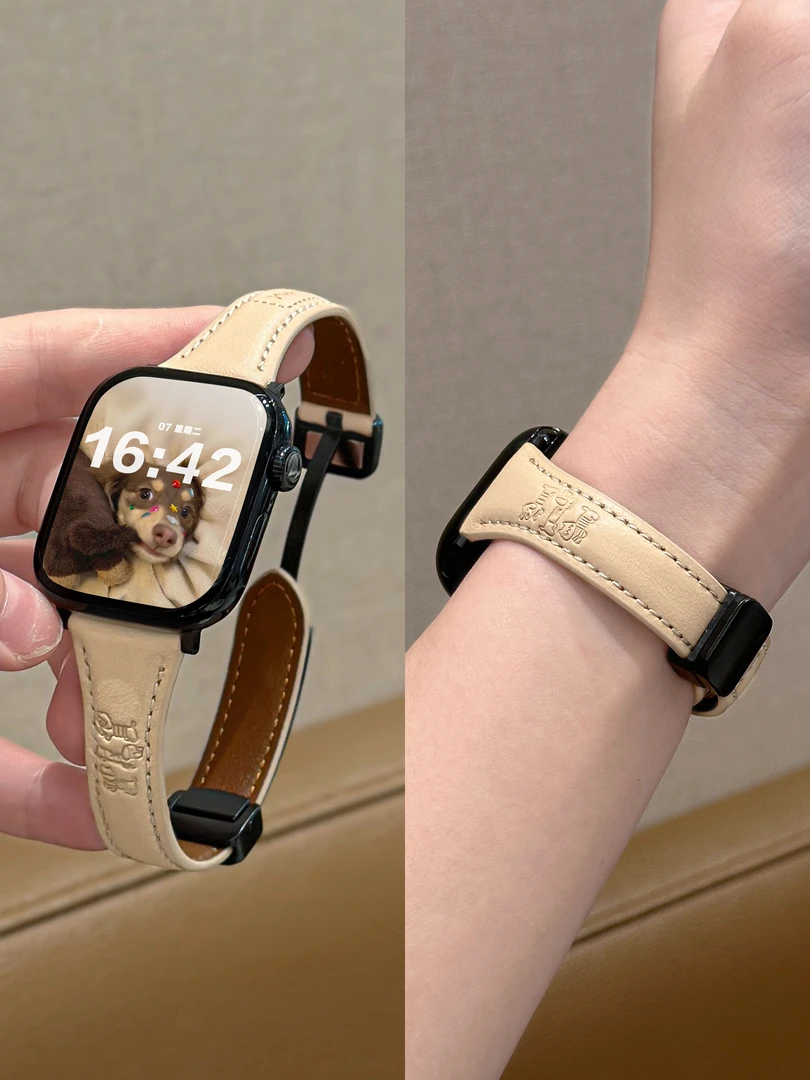 适用iwatchS11/S10手表带苹果S9新款真皮腕带秋冬替换带磁吸皮质