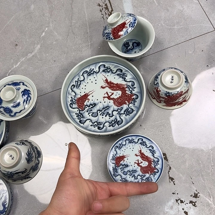 瓷片釉里红鱼化龙四件套