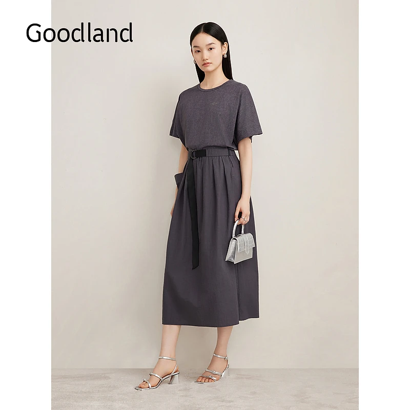 Goodland美地夏季高支棉格雷系裯褶裙摆连衣裙