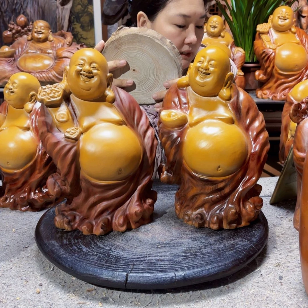 独***人香樟木元宝如意弥勒佛香樟木两个