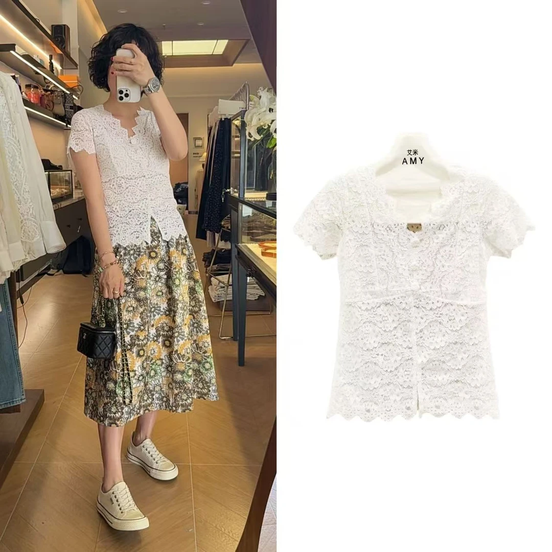 2291【来自艾米精品店】蕾丝短袖时尚轻奢显瘦休闲百搭上衣