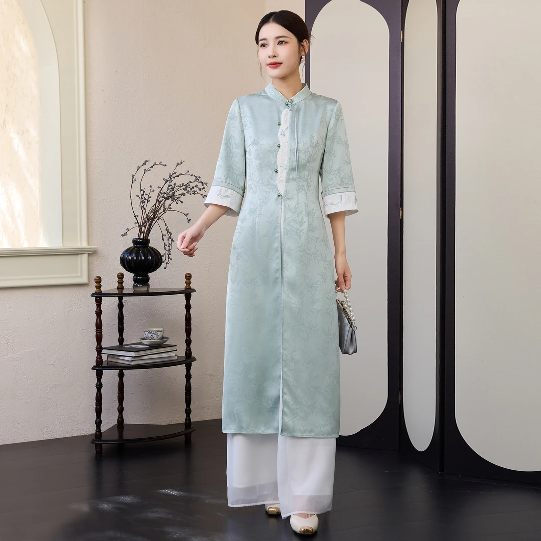 H024 新中式女装2025新款改良国风上衣女高端刺绣中长款禅意茶服