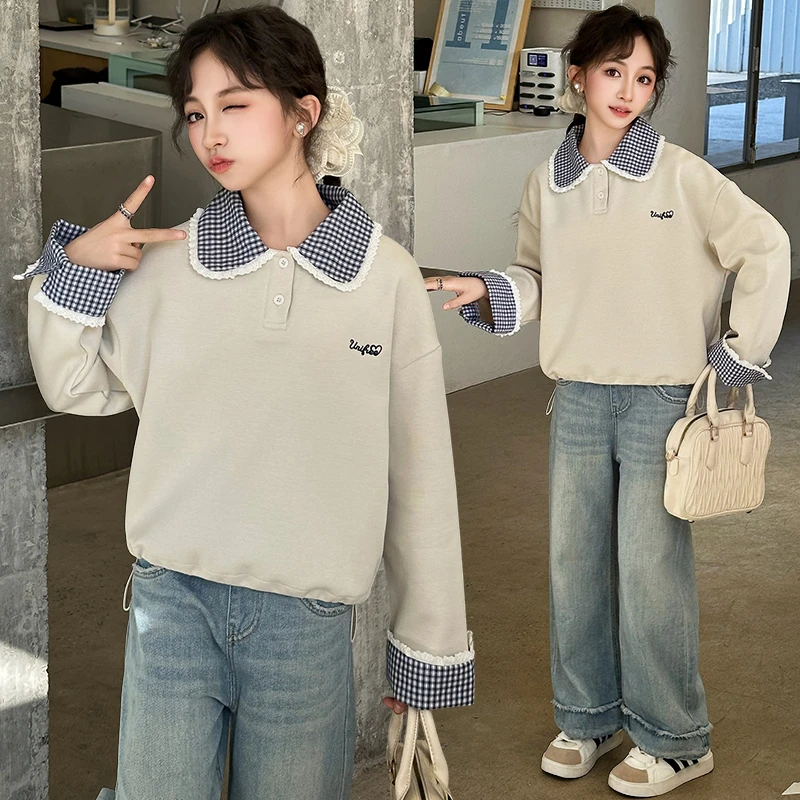 女童格子花边卫衣牛仔裤套装2025春装新款6-12岁潮款学院风休闲