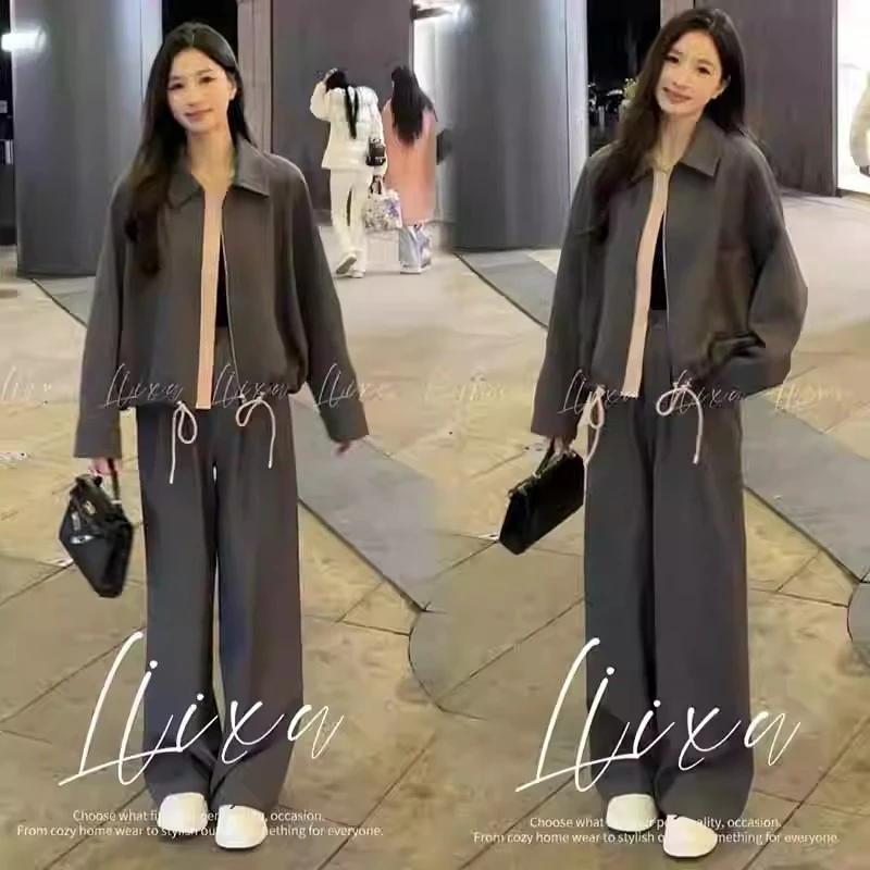 时尚休闲套装女春季洋气质显瘦雅丹风翻领短外套高腰阔腿裤两件套