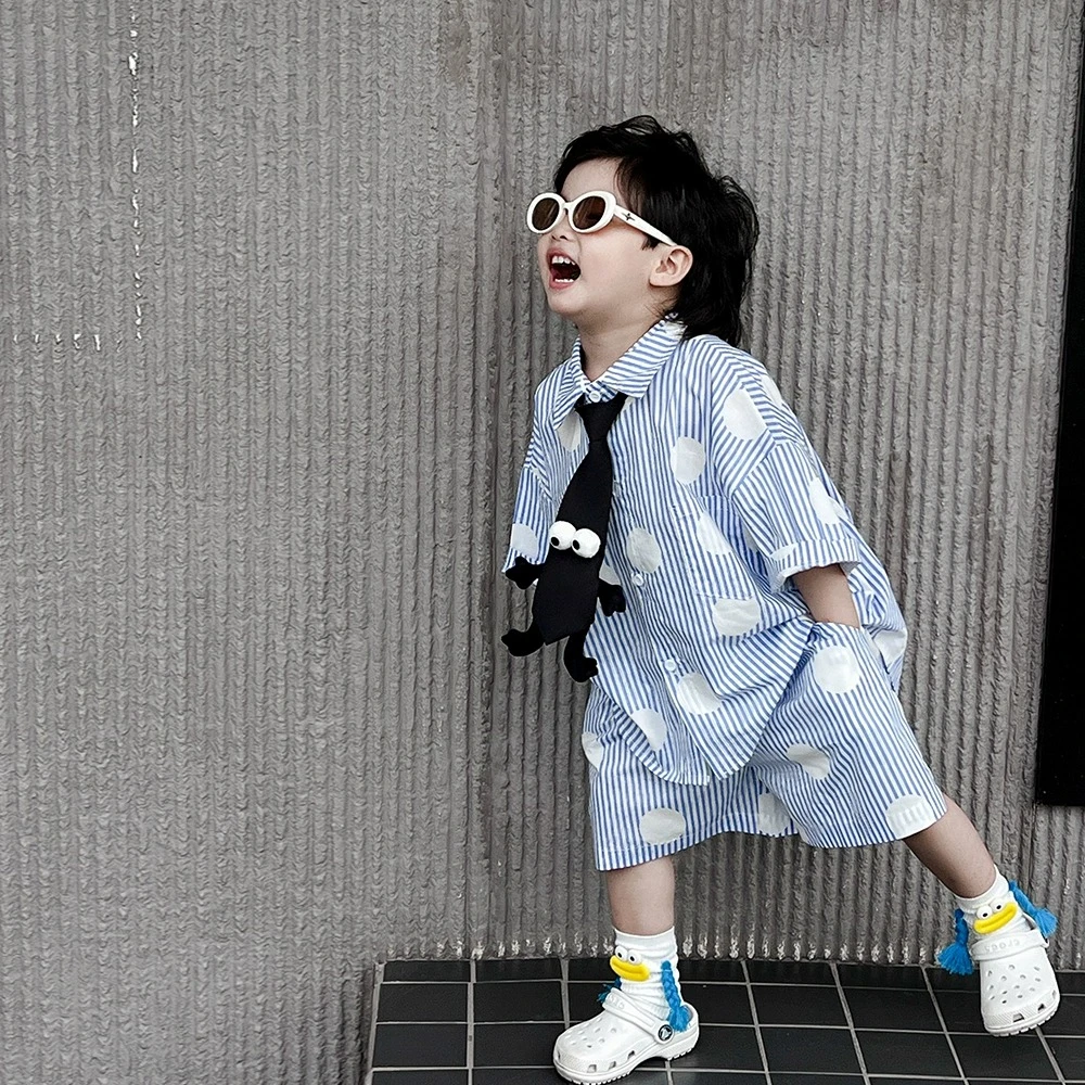 薄款夏季韩版休闲风男条纹套装男童中小童宽松圆点竖条纹短袖短裤