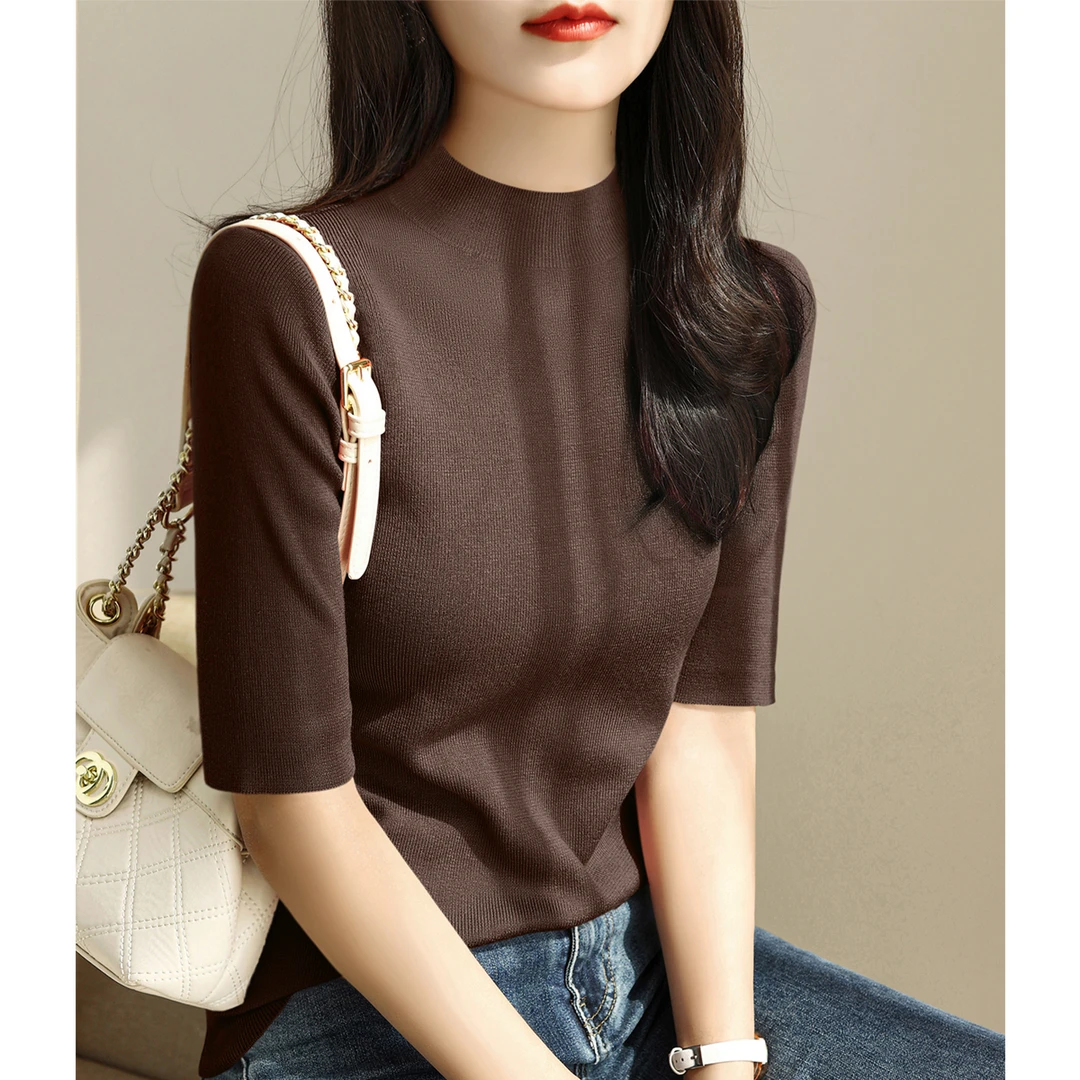 新款高级感半高领五分袖打底毛衣时尚秋季套头百搭修身针织衫女装