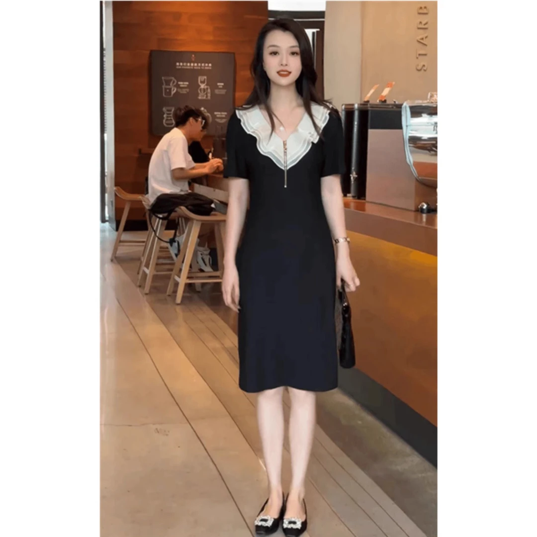 2025夏季新款宽松休闲气质荷叶边中长款裙子胖mm遮肉显瘦连衣裙女