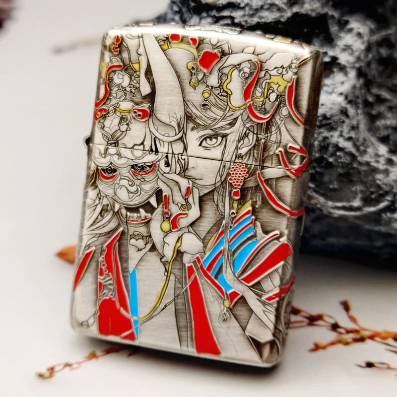 Zippo打火机正版盔甲熏银五面填彩傩戏面具 防风收藏送男朋友DYJ1