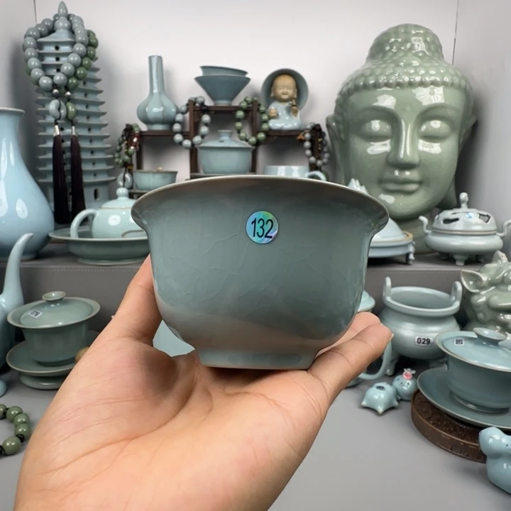 摆件汝瓷元宝碗支钉烧仿古釉微瑕