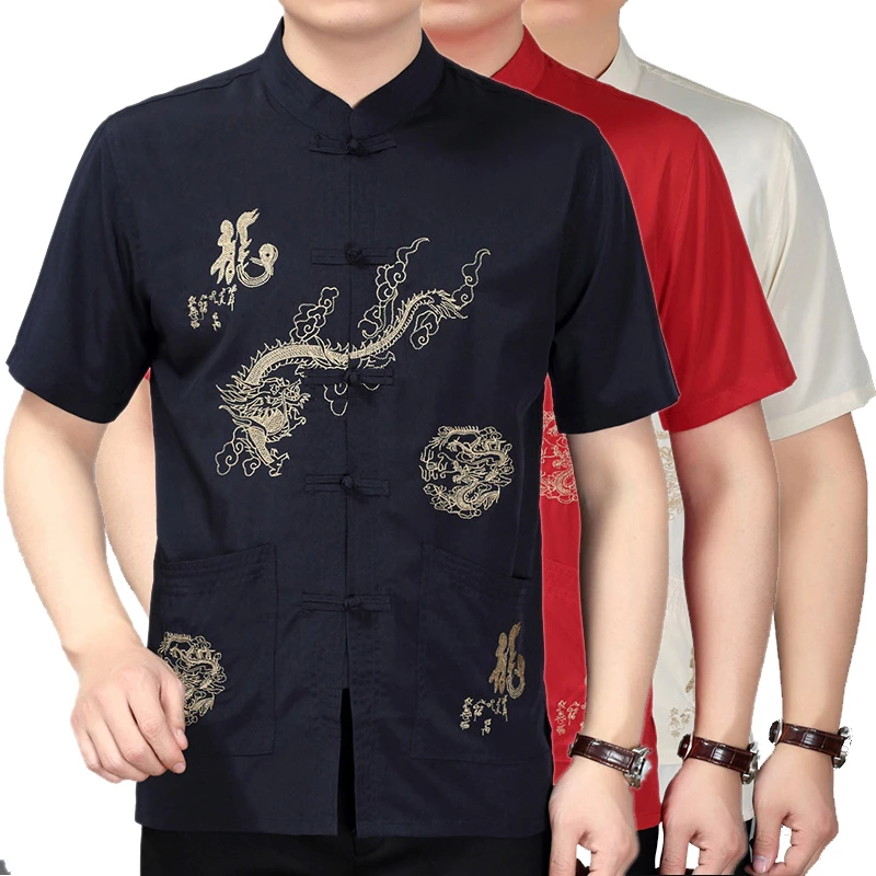 夏季唐装男士短袖套装中国风中老年人爸爸装宽松大码中式衬衫汉服