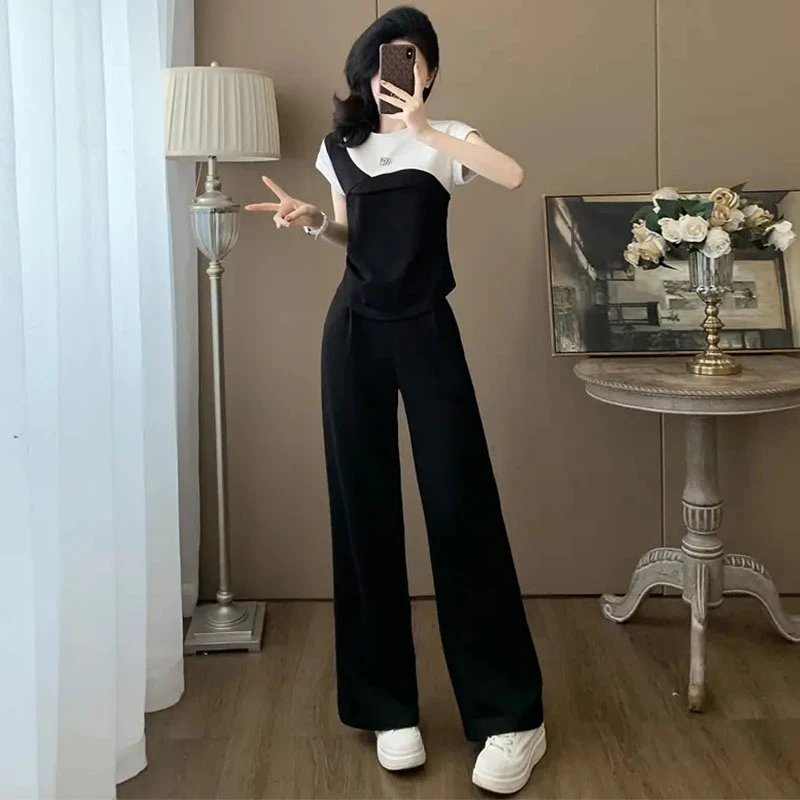 慵懒风时尚百搭套装女2025年夏季新款撞色显瘦上衣阔腿裤两件套潮