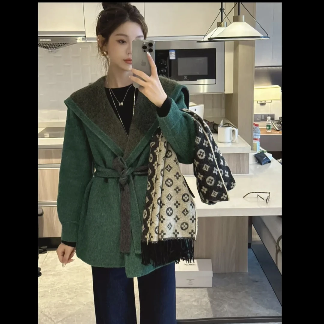 马海毛落肩袖法式韩版春秋秋冬毛呢外套海军领羊毛大衣